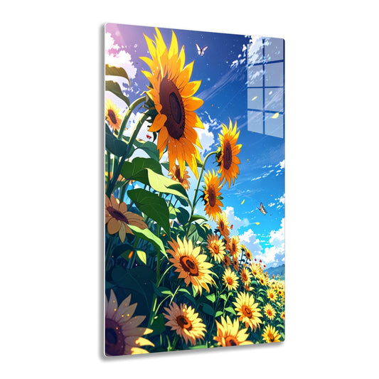 A vibrant sunflower field against a dreamy blue sky with butterflies fluttering amidst the tall sunflowers basking in the warm sunlight, creating a serene and whimsical summer scenery.

Human
