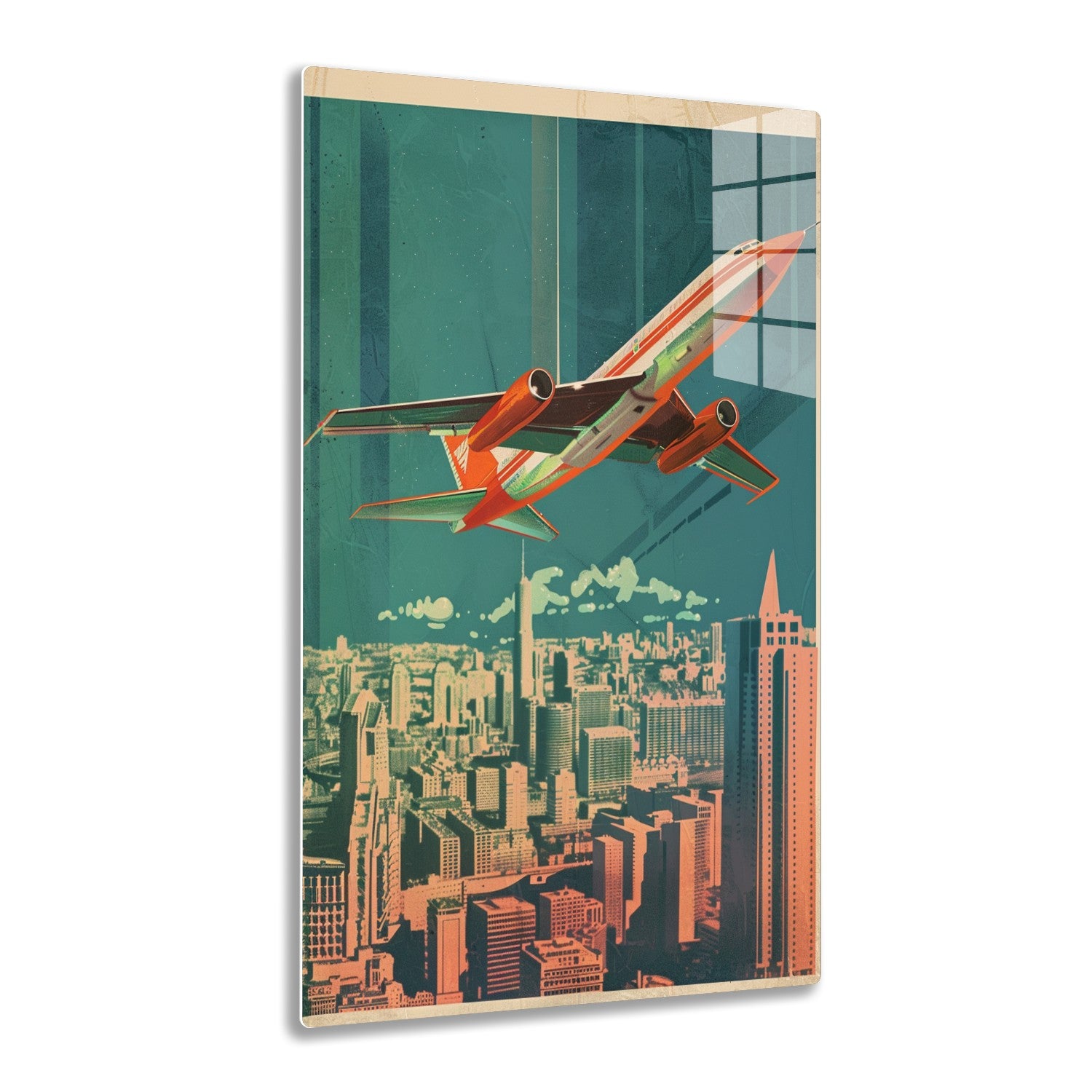 An illustration of a stylized retro-futuristic aircraft soaring over a densely populated city skyline with towering skyscrapers amidst clouds and a vintage color palette.
