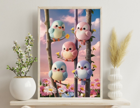 A group of adorable plump birds in pastel colors - blue, pink, and lavender - perched on branches amidst blossoming flowers against a dreamy pink sky.
