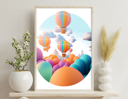 Colorful hot air balloons flying over a city skyline with vibrant spheres in the foreground, creating a whimsical and uplifting scene.
