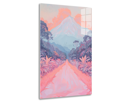 A surreal landscape painting featuring a towering snow-capped mountain in the background, surrounded by pink and purple clouds. In the foreground, a path winds through vibrant pink and purple foliage, leading towards the majestic peak
