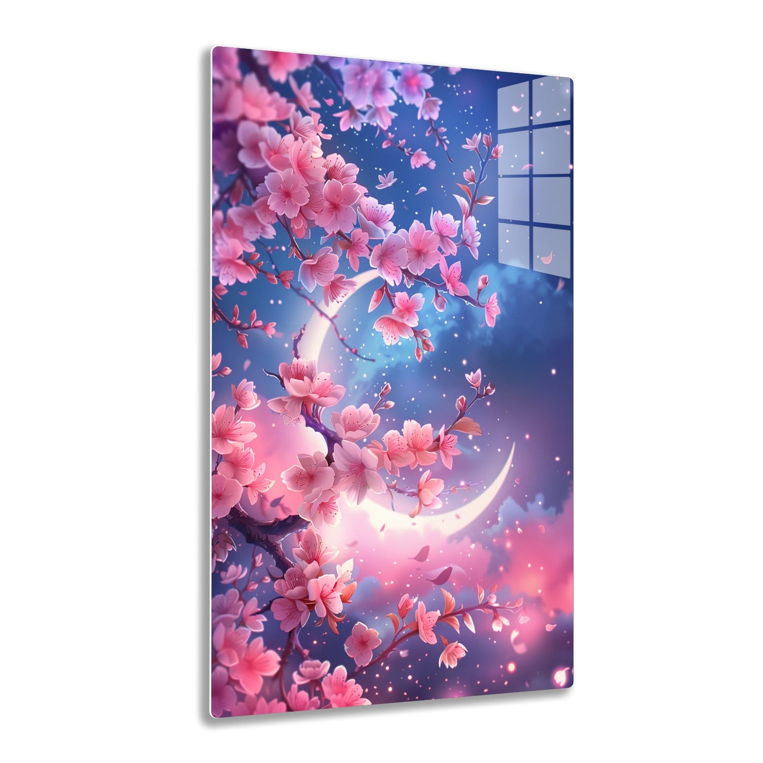 Cherry blossom branches with vibrant pink flowers against a starry night sky backdrop, petals drifting in the air with a crescent moon shining.
