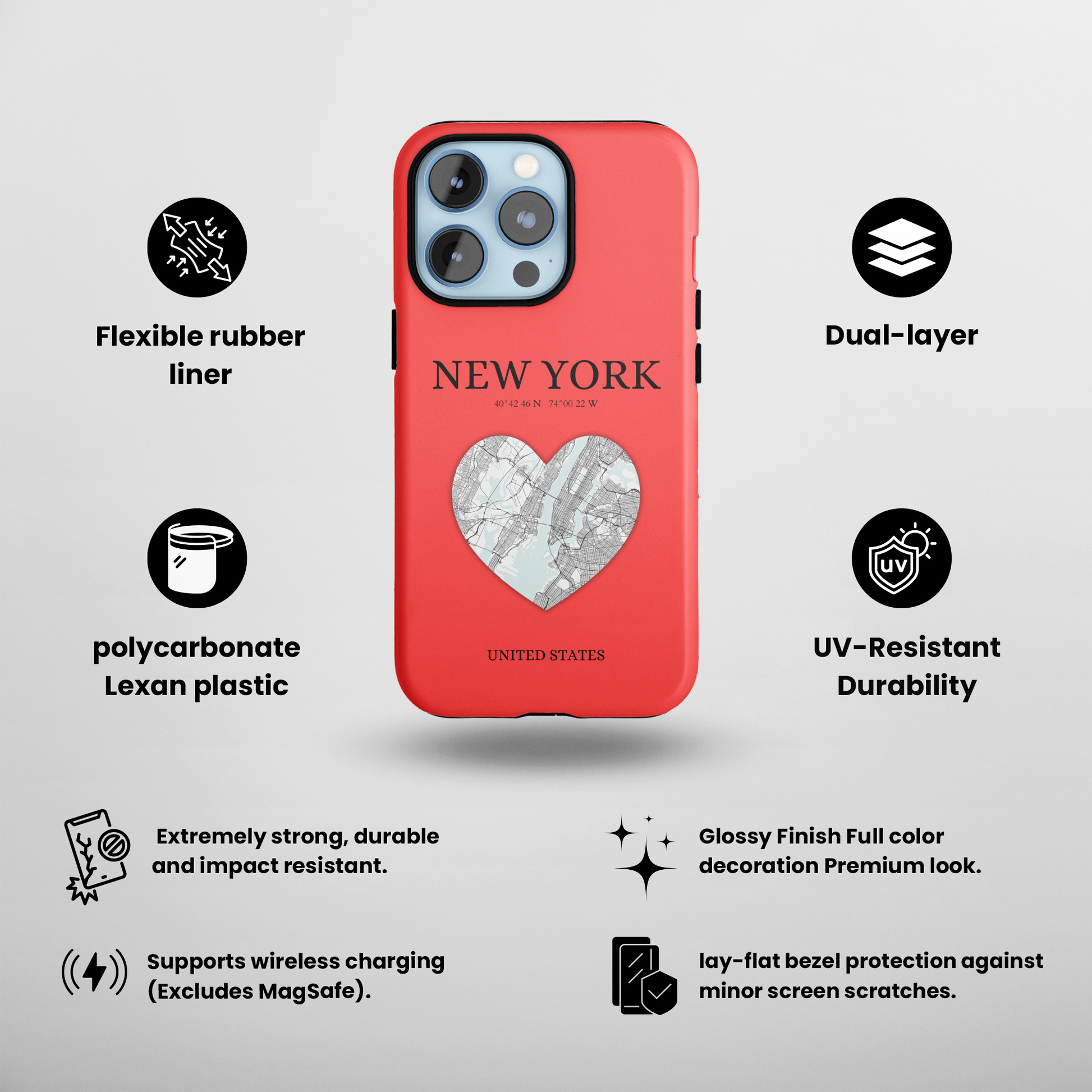 Elevate your iPhone with RimaGallery's New York Heartbeat case. Sleek design meets durability for stylish protection. Free US shipping.-York Heartbeat - Red (iPhone Case 11-15)