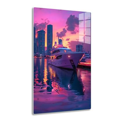 A luxurious yacht docked in a city marina, with towering skyscrapers and construction cranes in the background, reflecting in the calm waters under a vibrant pink and orange sunset sky.
