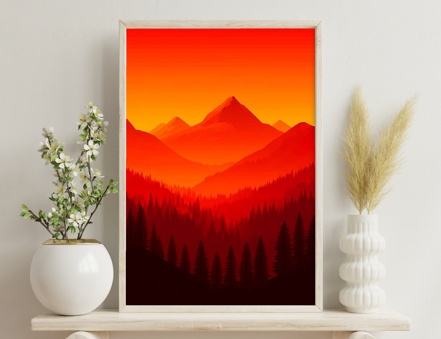 Minimalist mountain landscape illustration with silhouettes of pointed peaks and dense forest of fir trees in shades of fiery orange and red against a solid bright orange sky.
