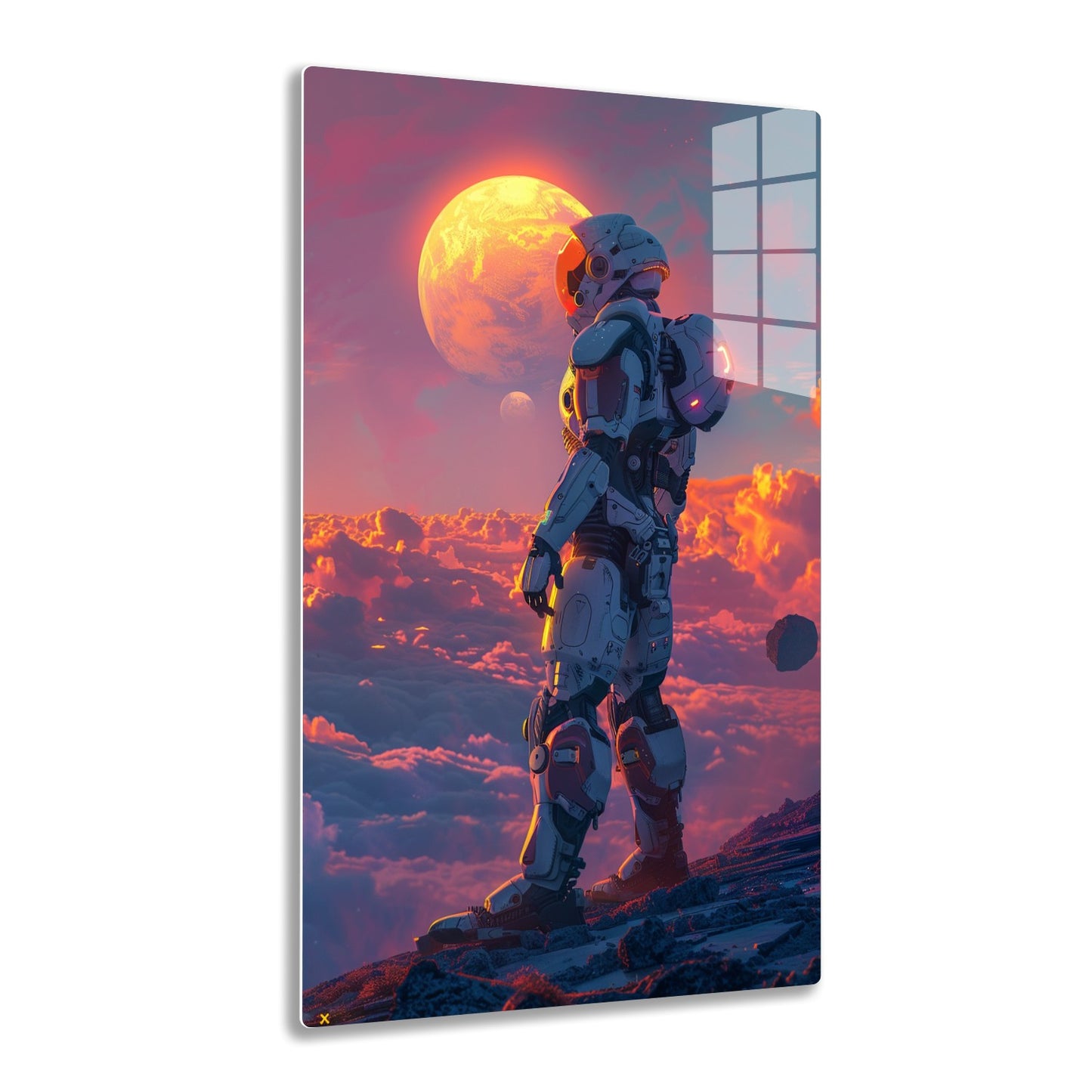 A futuristic robotic suit stands tall against a vibrant sunset sky with a large moon and rocky terrain, creating a striking sci-fi landscape.
