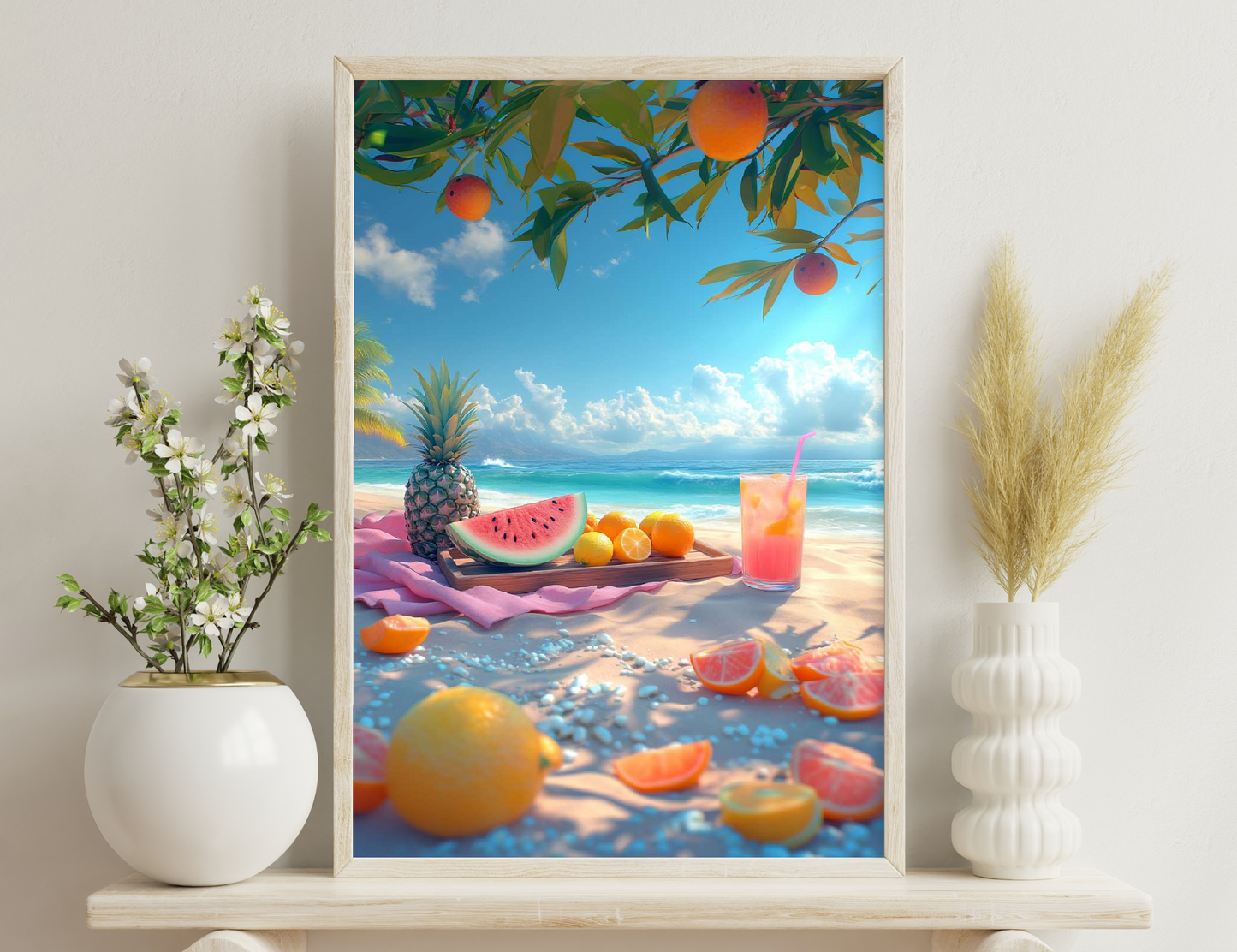 A tropical beach scene with oranges, watermelon slices, a pineapple, and a pink drink on a wooden tray, amidst a backdrop of palm trees bearing orange fruits against a blue sky with fluffy clouds.
