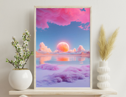 A surreal sunset scene with a large pink and orange full moon reflecting on a calm lake, framed by pink and blue cloudy skies, distant mountains, and pink crystalline formations in the foreground.
