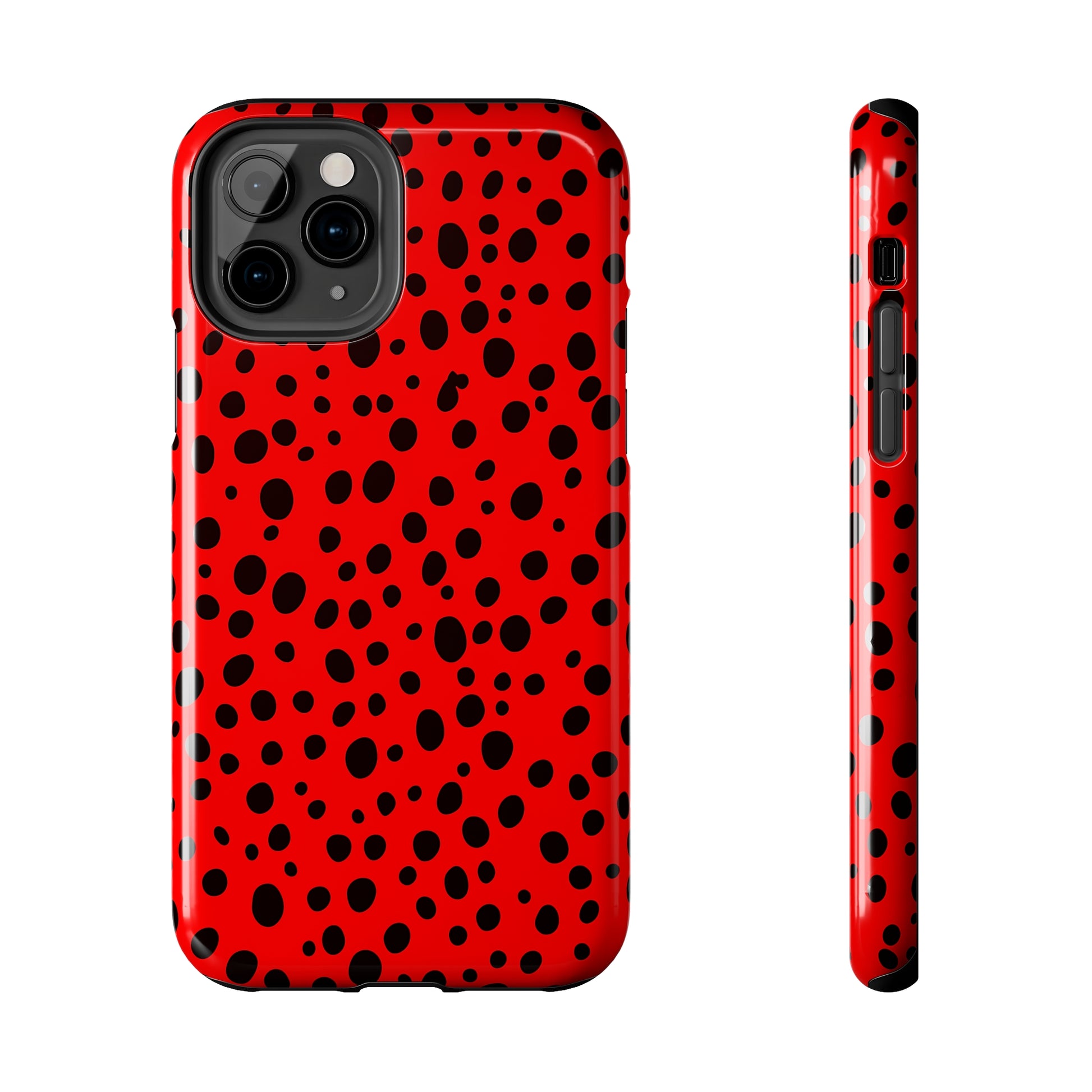 Dotted Delight - Red (iPhone Case 11-15)Elevate your iPhone's style with Rima's Red backdrop with varied black dots case. Sleek, durable protection for models 11-15. Free US shipping.RimaGallery