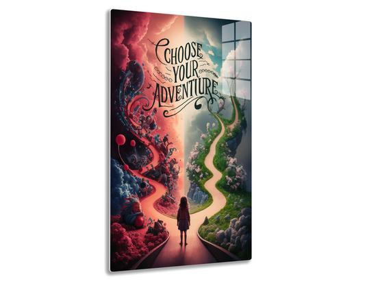 A surreal image depicting a person standing at a fork in the road, with one path leading to a dark, stormy landscape and the other to a vibrant, lush scenery, accompanied by the text "Choose Your Adventure".
