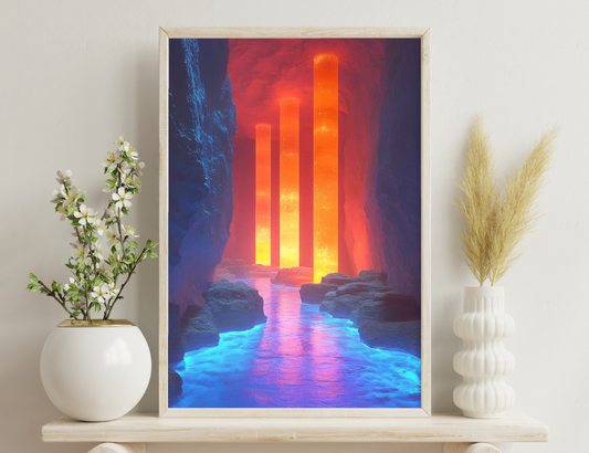 Three glowing, molten pillars stand in a cavern, their fiery orange hues reflecting in the turquoise waters below, creating a mesmerizing contrast against the deep red and blue rock formations surrounding them.
