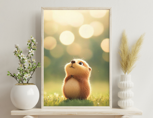 A close-up image of an adorable squirrel gazing upwards in wonder, with a blurred, bokeh background of golden lights resembling a magical night sky.
