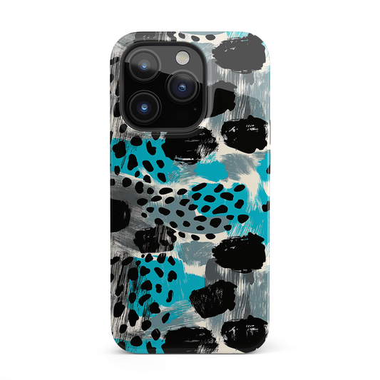 Teal Spots (iPhone Case 11-15)Elevate your iPhone's protection and style with RimaGallery's Trendy animal print pattern with teal accents On case, featuring dual-layer defense and a sleek, glossyRimaGallery