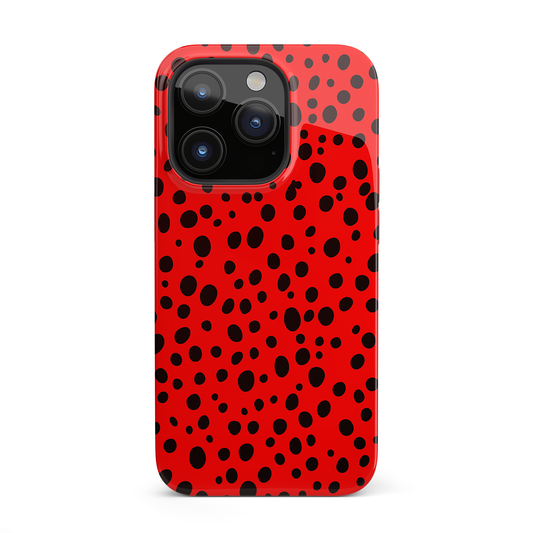 Dotted Delight - Red (iPhone Case 11-15)Elevate your iPhone's style with Rima's Red backdrop with varied black dots case. Sleek, durable protection for models 11-15. Free US shipping.RimaGallery