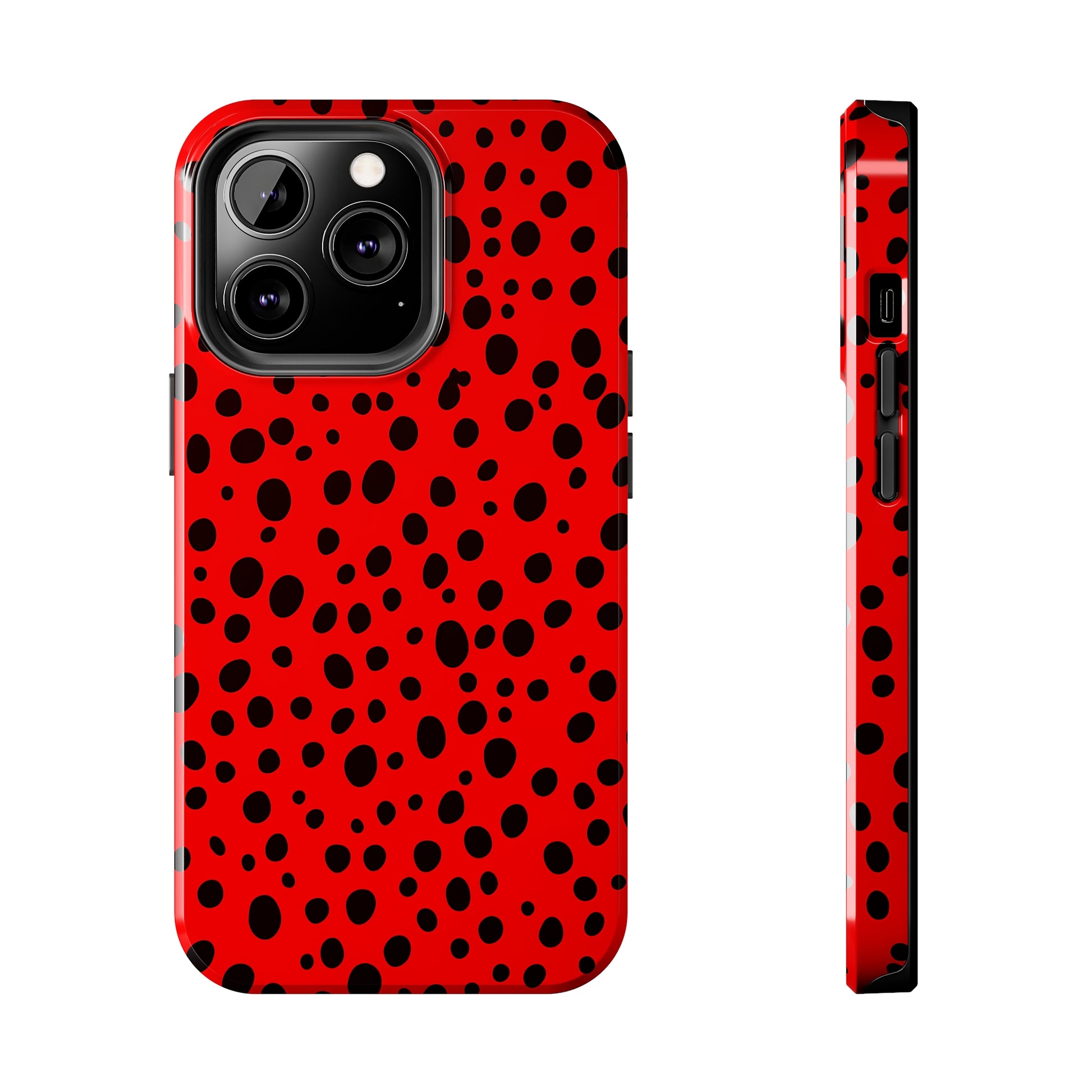 Dotted Delight - Red (iPhone Case 11-15)Elevate your iPhone's style with Rima's Red backdrop with varied black dots case. Sleek, durable protection for models 11-15. Free US shipping.RimaGallery