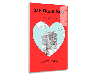 San Francisco city map in the shape of a heart with geographic coordinates, on a red and blue background with text "San Francisco" and "United States".
