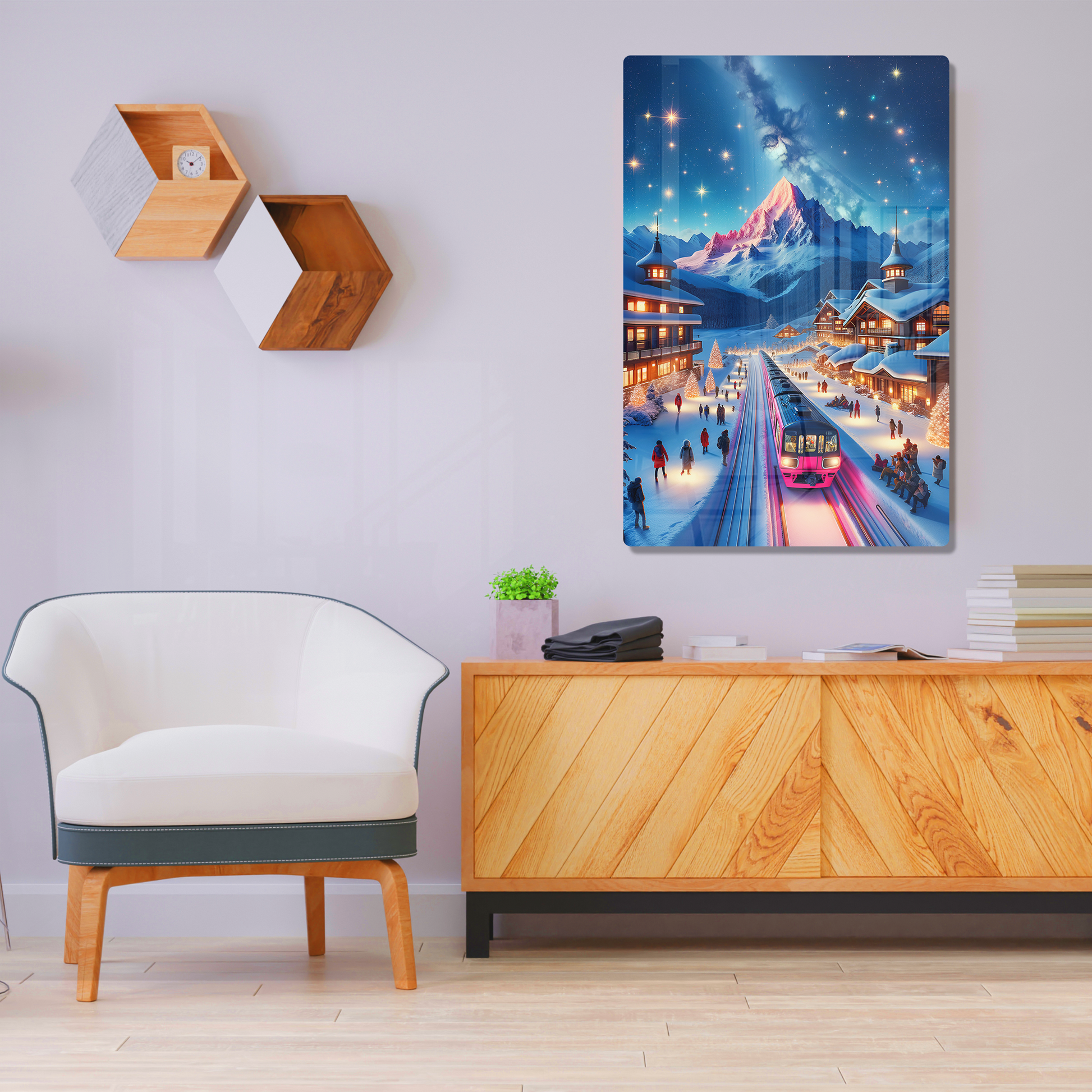 Starry Mountain Eve (Acrylic)Make a statement with Starry Mountain Eve acrylic prints. The 1⁄4" acrylic panel exudes the illusion of a smooth glass surface for vibrant artwork. Pre-installed hanRimaGallery
