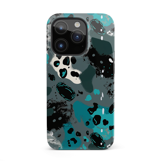 Aqua Abstract (iPhone Case 11-15)Elevate your iPhone's protection and style with RimaGallery's Abstract teal and black speckled pattern On case, featuring dual-layer defense and a sleek, glossy finiRimaGallery