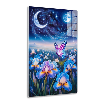 A surreal night scenery with a crescent moon face, a full moon, and a colorful butterfly hovering over a field of irises and other flowers against a starry sky.
