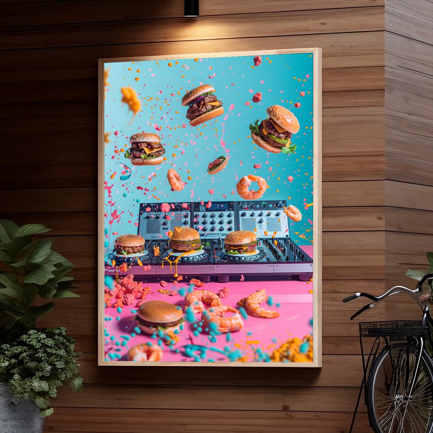 Burgers and shrimp float amid confetti over a DJ mixing console, creating a playful fusion of food and music in a colorful, surreal scene.
