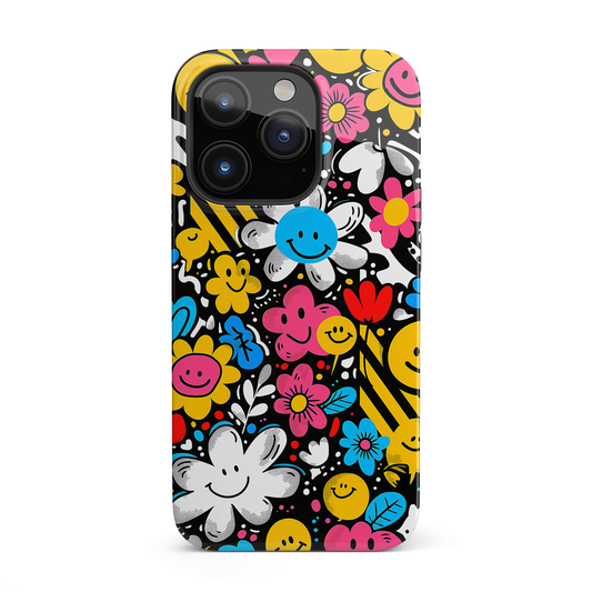 Cheerful Smiley Faces  (iPhone Case 11-15)-Elevate your iPhone's protection and style with RimaGallery'sA playful phone case with a cheerful mix of smiley faces and colorful flowers On case, featuring dual-la-smiley faces