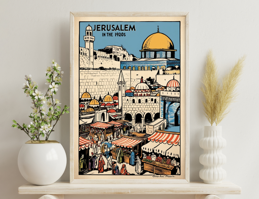 A colorful illustration depicting Jerusalem in the 1920s, showcasing the iconic Dome of the Rock, bustling markets with vendors and shoppers in traditional attire, and the city's distinctive architecture with domes and minarets.
