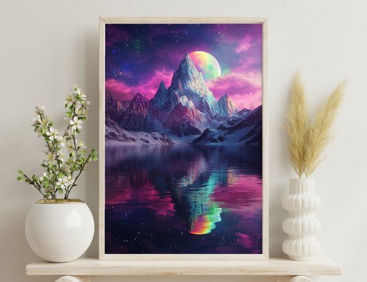 A surreal landscape with majestic snow-capped mountains reflecting in a calm lake under a vibrant purple and pink night sky, with a large iridescent moon illuminating the scene.
