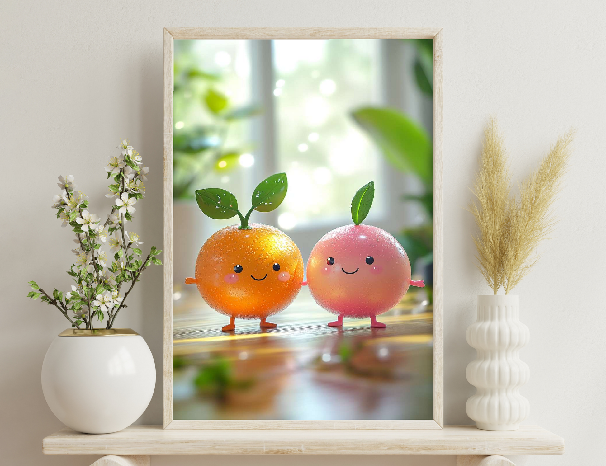 Two citrus fruits with smiling faces and leaves on top, one orange and one pink, standing on a reflective surface in a blurred green nature background.
