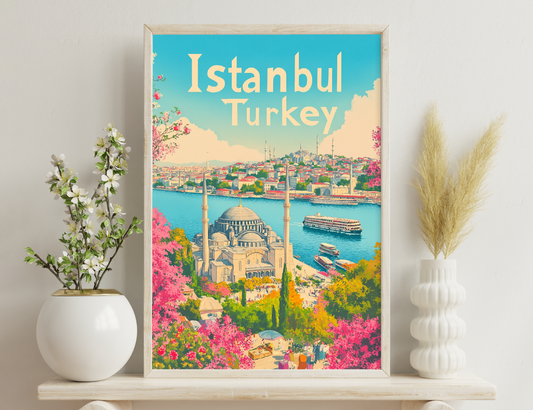 Istanbul, Turkey cityscape featuring the famous Blue Mosque with its iconic domes and minarets overlooking the Bosphorus strait, bustling with boats and lush blooming gardens in vibrant colors.
