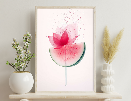 A watermelon slice with a pink lotus flower blooming from it, surrounded by red and white splatters, creating an artistic and abstract composition.
