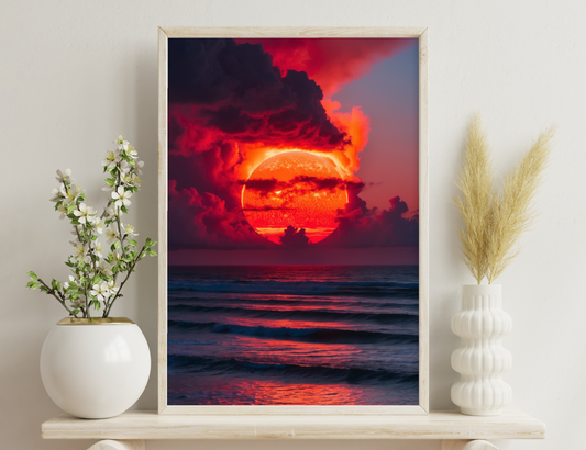 A breathtaking sunset over the ocean, with a large sun partially obscured by vibrant red and orange clouds, reflecting in the rippling waves below.
