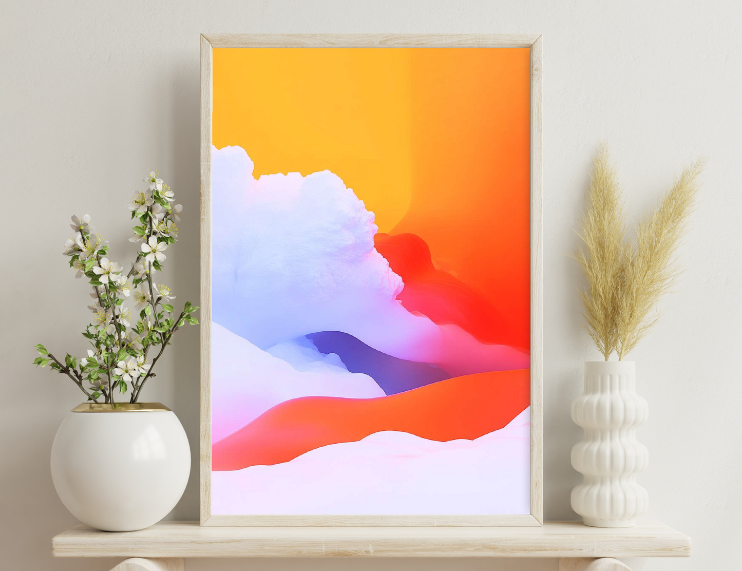 Gradient abstract landscape with layered orange, red, purple, and white cloud-like shapes against a bright orange sky, evoking a vibrant sunset scene.
