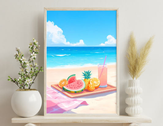 A beachside scene with tropical fruits including watermelon slices, oranges, and a pineapple arranged on a tray with a pink drink, against a background of blue ocean waves and fluffy white clouds.
