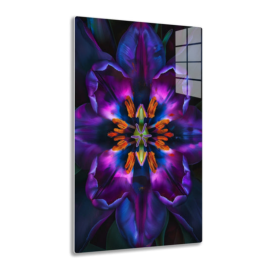 A mesmerizing symmetrical digital art rendering of a vibrant purple iris flower with intricate orange stamen formations creating an abstract kaleidoscopic pattern.
