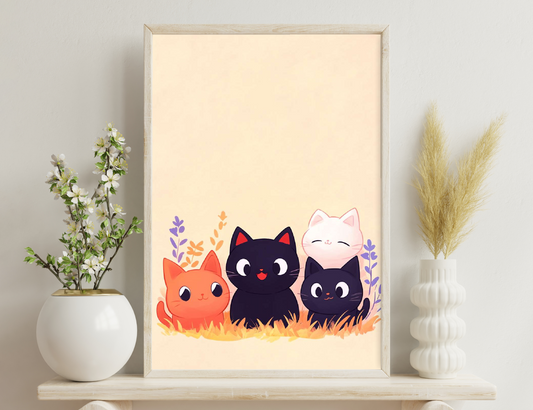 Three cute cartoon cats sit together in a grassy field with stylized flowers, one orange, one black with red eyes, and one white with a bow tie.
