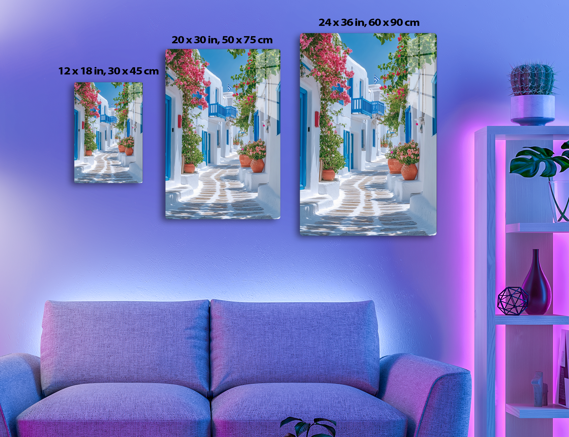 A picturesque alleyway in a Greek island town, with whitewashed buildings, blue doors and windows, and vibrant bougainvillea flowers adorning the walls and balconies along the cobblestone path.
