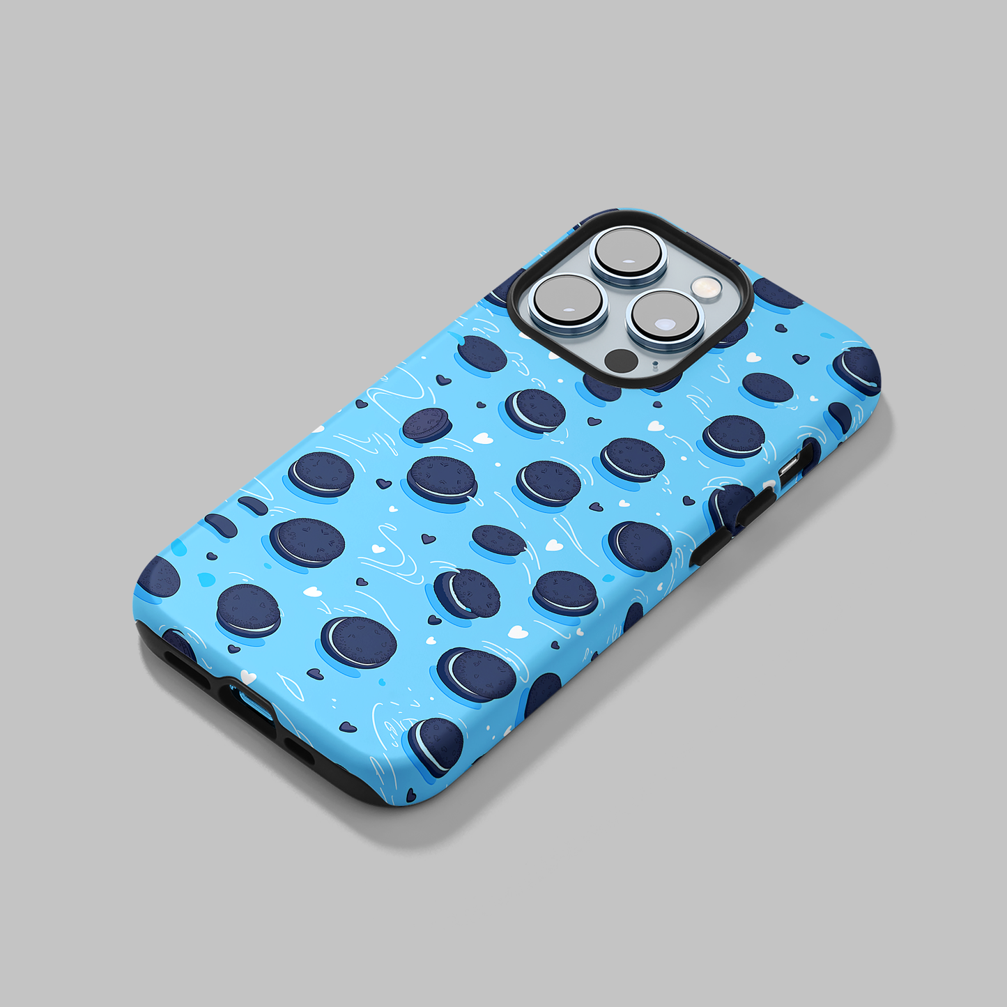 Sweet Whirls (iPhone Case 11-15)Elevate your iPhone's protection and style with RimaGallery's Cookie pattern with heart accents on a blue iphone case, featuring dual-layer defense and a sleek, glosRimaGallery