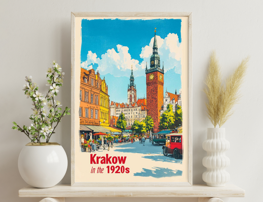 A vibrant illustration depicting a bustling street scene in 1920s Krakow, featuring the iconic St. Mary's Basilica tower, colorful historic buildings, horse-drawn carriages, and lively market stalls with
