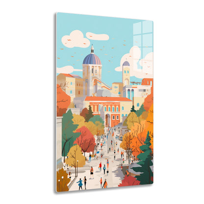 Beautiful illustration of a vibrant autumn scene depicting a small town with colorful trees, quaint buildings and domed churches. People are seen walking along a path, capturing a lively atmosphere.
