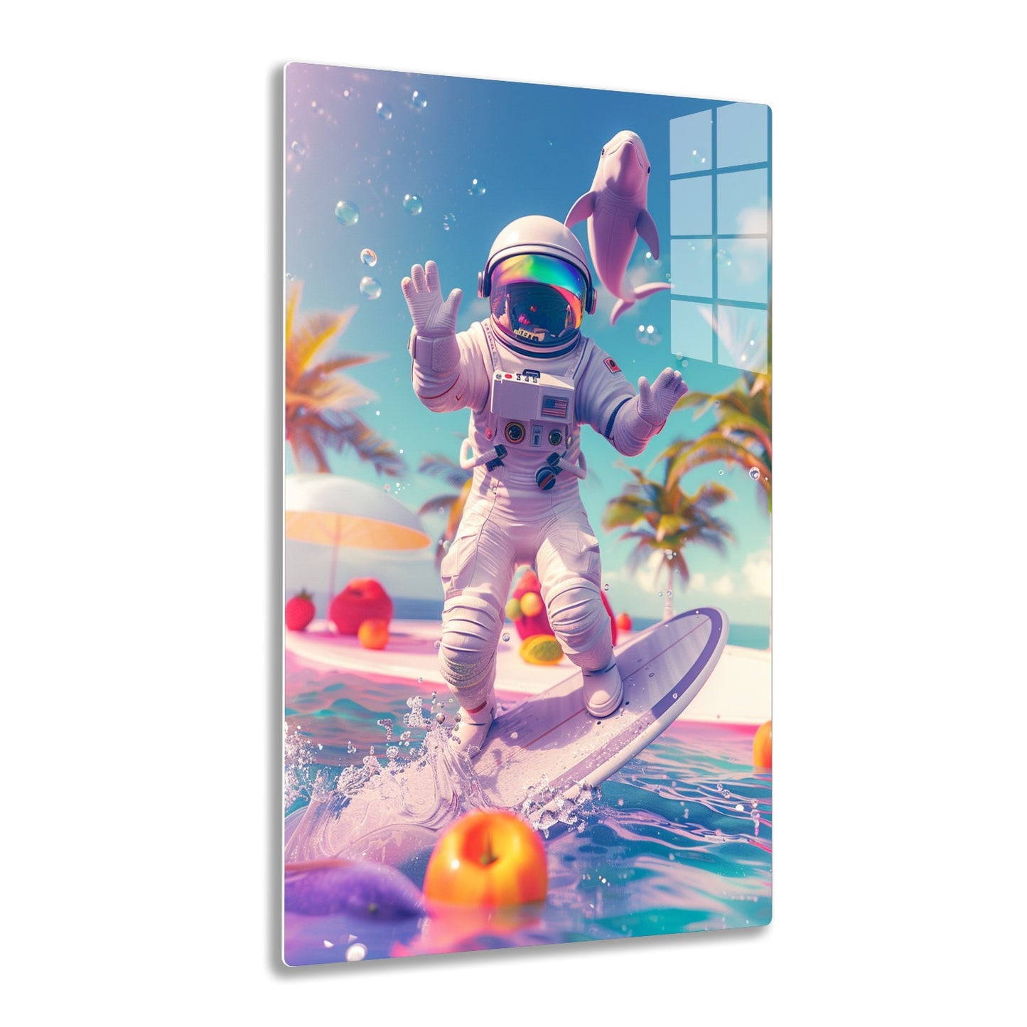 An astronaut in a spacesuit surfing on water, surrounded by bubbles, a dolphin figurine, and surreal elements like colorful spheres and a vibrant sky, creating a whimsical and imaginative scene.
