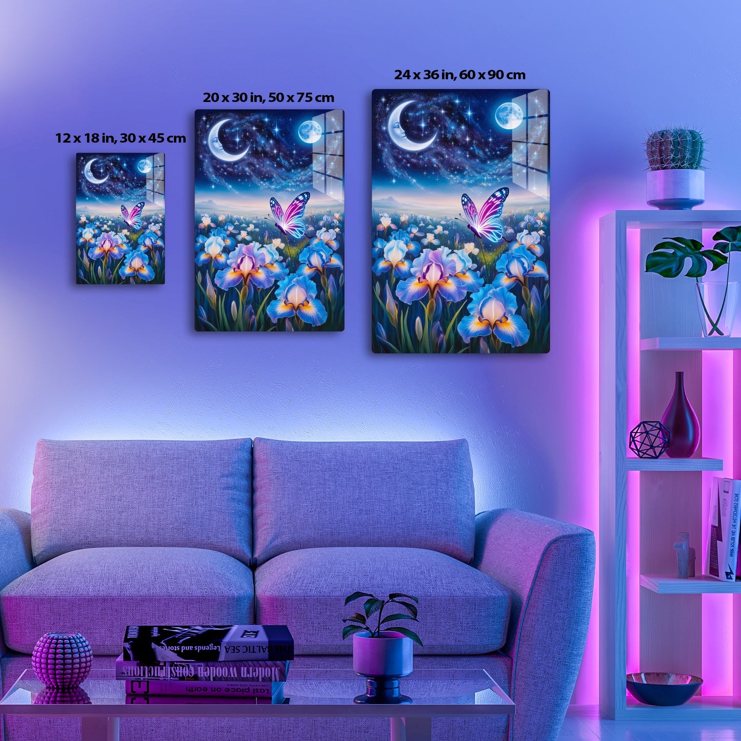 A surreal night scenery with a crescent moon face, a full moon, and a colorful butterfly hovering over a field of irises and other flowers against a starry sky.
