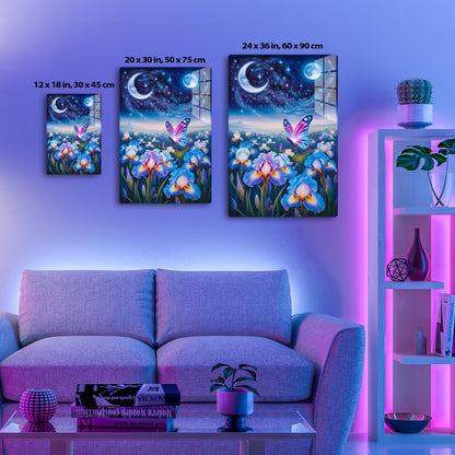 A surreal night scenery with a crescent moon face, a full moon, and a colorful butterfly hovering over a field of irises and other flowers against a starry sky.
