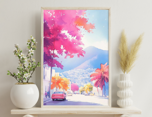 A colorful watercolor street scene, with pink cherry blossom trees, orange and pink palm trees lining a road with cars and pedestrians, overlooking distant blue mountains under a vibrant pink and orange sky.
