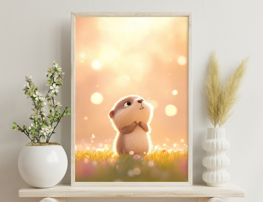 A cute, furry guinea pig with large eyes gazes upward against a dreamy, blurred orange background with bokeh lights, creating a warm and whimsical scene.
