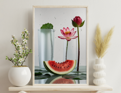 Lotus flowers, watermelon slice, and a potted plant with water droplets create a serene summer still life against a light background.
