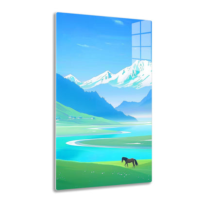 A scenic mountain landscape with snow-capped peaks reflecting in a tranquil turquoise lake, a solitary horse grazing in the verdant foreground meadow, and small cabins nestled against the majestic backdrop.


