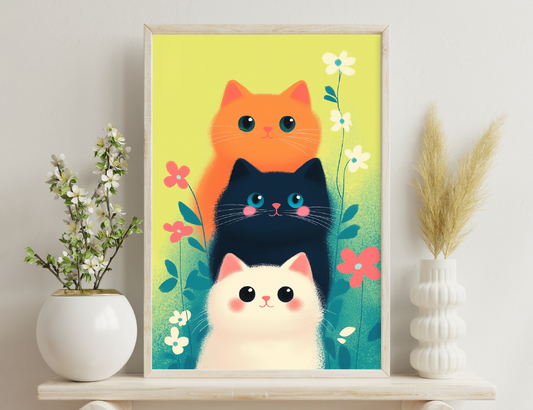 Three adorable cartoon cats, an orange, black, and white one, are surrounded by colorful flowers against a vibrant yellow and green background, creating a cheerful and whimsical scene.
