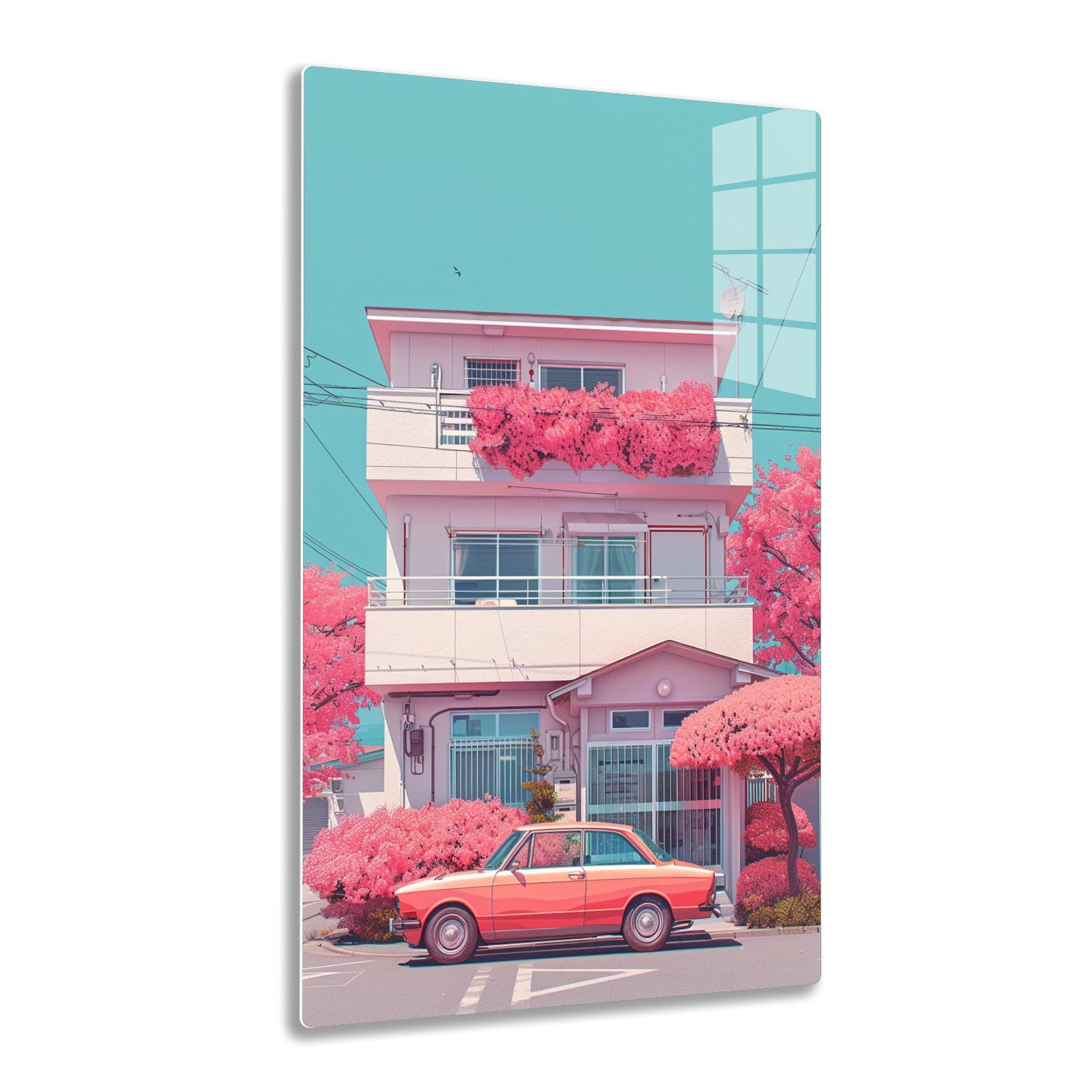 A pink multi-story building surrounded by blooming cherry blossom trees and a vintage orange car parked in front, creating a serene and vibrant urban scenery.
