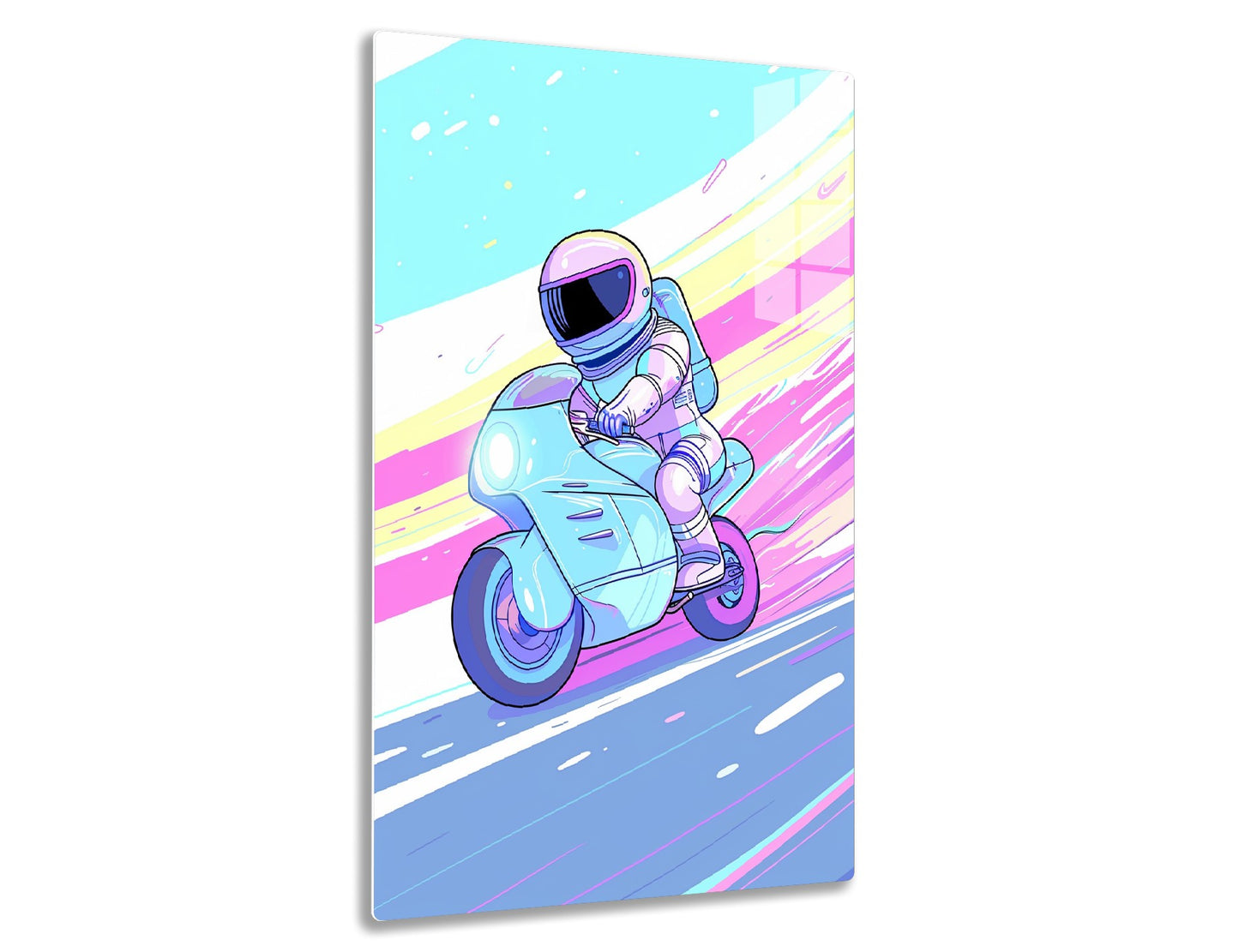 An astronaut riding a futuristic motorcycle in space, surrounded by vibrant colors and cosmic patterns.
