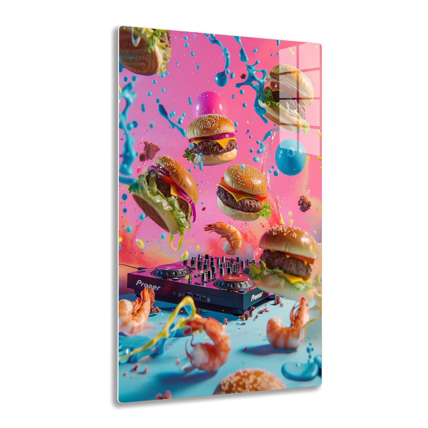 Colorful fast food scene with burgers, shrimp, paint splatters and a DJ mixer, creating a vibrant and dynamic composition.
